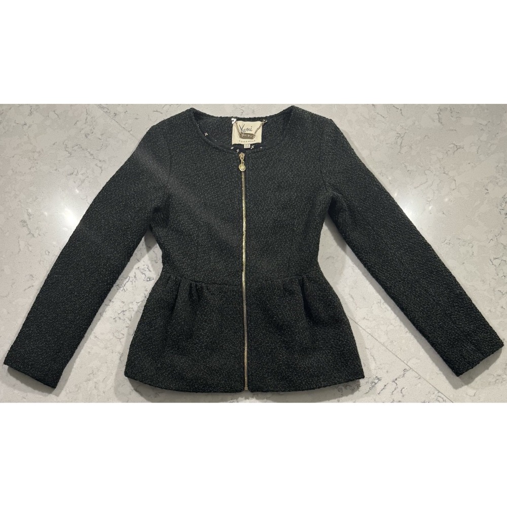 Yumi Peplum Zip Jacket Womens 0/2 Black Boucle Textured Tweed Career Office